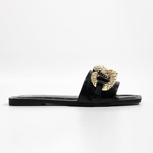 Black Crocodile Embossed Chain Decor Slide Sandals - Picture 4 of 5